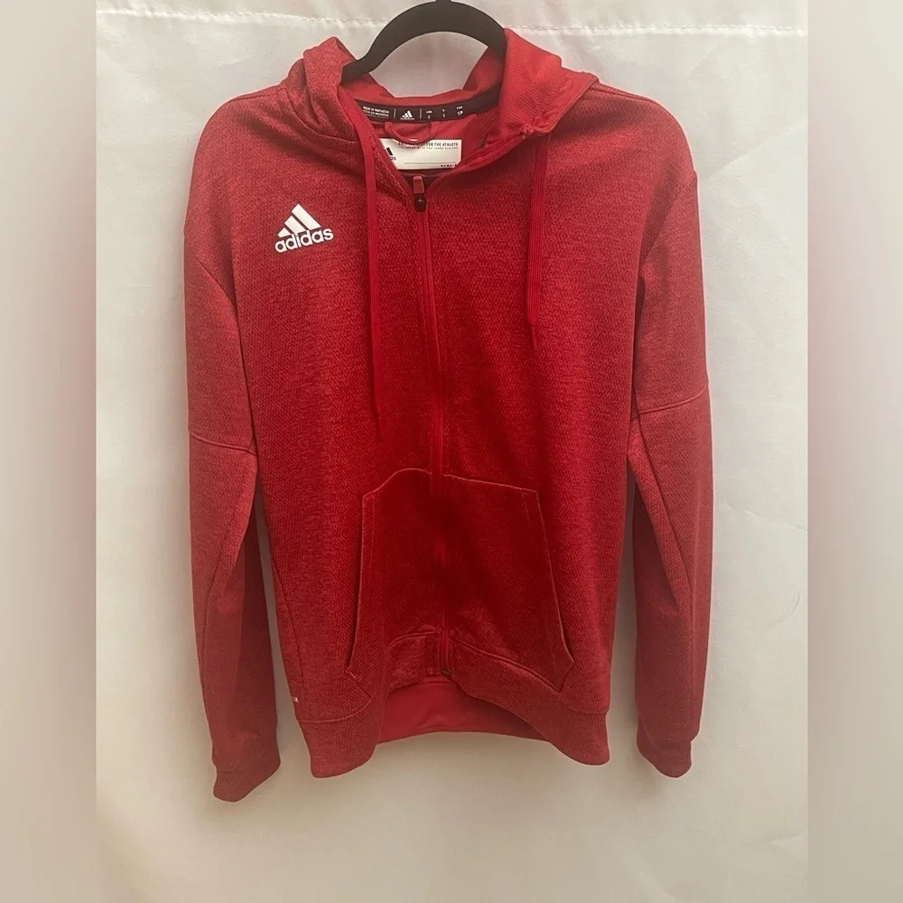 Adidas Red Full Zip Hoodie Sweatshirt Small S Logo Front Pockets Drawstring